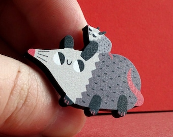 Possum Pin Badge / Opossum Wooden Brooch