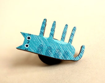Gray Blue Cat Wooden Pin