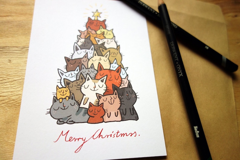 Cute Cat Christmas Card / Cats Tree Postcard - Etsy