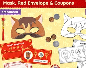 Year of the Horse Craft Bundle: Printable Mask, Red Envelope, Coupons (Digital Download)