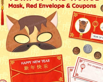 Year of the Horse Craft: Precolored Printable Mask, Red Envelope & Coupons (PDF) | Chinese New Year Activity for Kids
