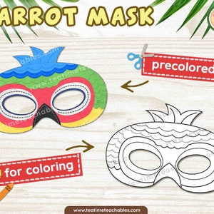 Máscara de LORO: A Color y Para Colorear - Máscara de Animales de la Selva Imprimible para Niños - PDF / Manualidad Animales de la Selva / Disfraz de Animales de la Selva