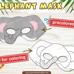 ELEPHANT Mask: Precolored and For Coloring - Printable Jungle Animals Mask for Kids - PDF | Jungle Animals Craft | Jungle Animals Costume