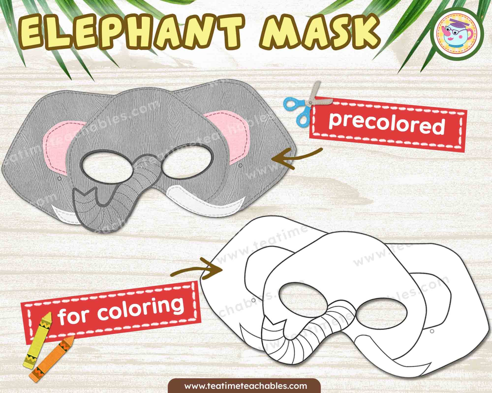 Printable Elephant Mask for Kids: Precolored & Coloring Craft (PDF)