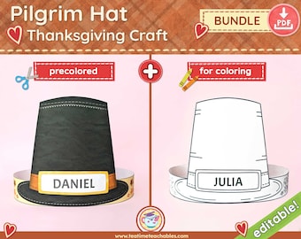Printable Pilgrim Hat BUNDLE: Pre-colored and For Coloring | Easy Thanksgiving Craft for Kids | PDF