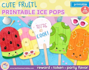 Popsicle Ice Pops - CUTE FRUIT - Editable Kid's Party Favors, Party Invitations, Motivational Reward Tokens, End of Year Student Gifts
