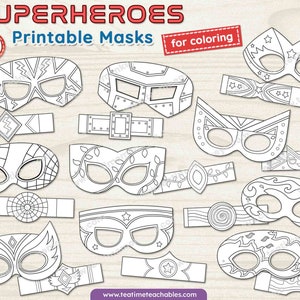 SUPERHEROES Masks for Kids- TEN Printable Masks and Wristbands to Color - PDF | Superhero Costume for Kids | Halloween Costume