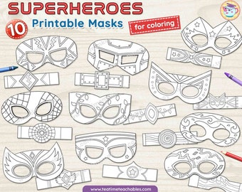 SUPERHEROES Masks for Kids- TEN Printable Masks and Wristbands to Color - PDF | Superhero Costume for Kids | Halloween Costume