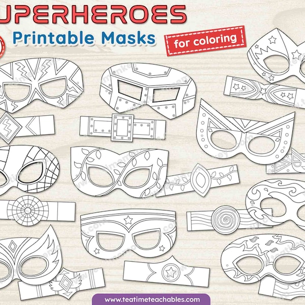 SUPERHEROES Masks for Kids- TEN Printable Masks and Wristbands to Color - PDF | Superhero Costume for Kids | Halloween Costume