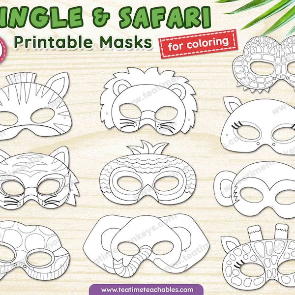 JUNGLE ANIMALS Masks for Kids - Ten Printable Masks to Color - PDF | Jungle Animals Craft | Jungle Animals Costume | Safari Animals Craft