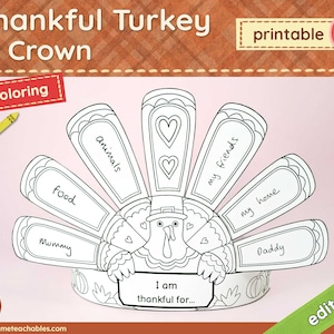 Dankbare kalkoenkroon om in te kleuren | Bewerkbare pdf | Afdrukbare Thanksgiving Craft | Kalkoenambachten