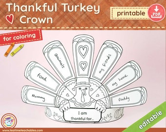 Thankful Turkey Crown: Thanksgiving Coloring Craft (Editable PDF)