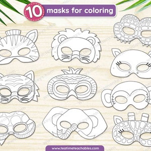 K&ouml;nnte beinhalten: Zehn wei&szlig;e Papiermasken zum Ausmalen, jede als anderes Tier gestaltet, darunter ein Zebra, L&ouml;we, Tiger, Affe und Elefant. Die Masken sind auf einer hellen Holzmaserung angeordnet. Der Text oben lautet "10 Masken zum Ausmalen."