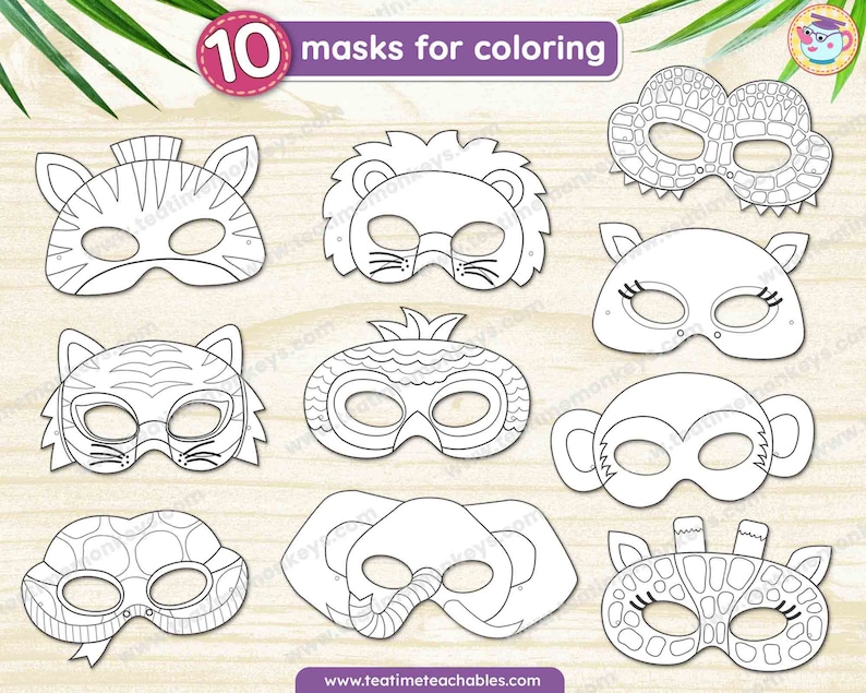 K&ouml;nnte beinhalten: Zehn wei&szlig;e Papiermasken zum Ausmalen, jede als anderes Tier gestaltet, darunter ein Zebra, L&ouml;we, Tiger, Affe und Elefant. Die Masken sind auf einer hellen Holzmaserung angeordnet. Der Text oben lautet "10 Masken zum Ausmalen."