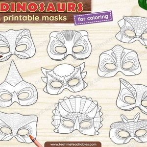 DINOSAURS Masks for Kids - TEN Printable Masks to Color - PDF - Dinosaur Craft - Dinosaur Costume for Kids