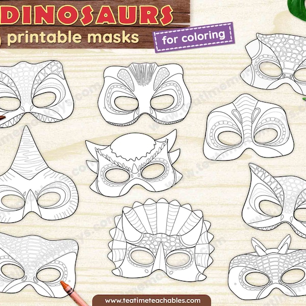 DINOSAURS Masks for Kids - TEN Printable Masks to Color - PDF - Dinosaur Craft - Dinosaur Costume for Kids