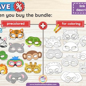 K&ouml;nnte beinhalten: Eine Sammlung von Tiermasken, einige vorgef&auml;rbt und andere zum Ausmalen. Die Masken zeigen einen Tiger, Zebra, Nilpferd, Schlange, Affen, L&ouml;wen, Giraffen und Elefanten. Der Text lautet "SAVE % when you buy the bundle: precolored + for coloring".