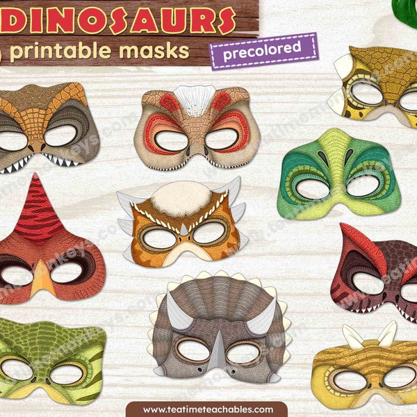 DINOSAURS Masks for Kids - TEN Printable Masks in Color - PDF - Dinosaur Craft - Dinosaur Costume for Kids