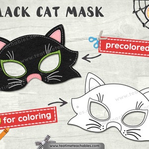 BLACK CAT Mask: Precolored and For Coloring - Printable Halloween Mask for Kids - PDF - Halloween Craft - Halloween Costume for Kids
