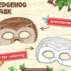 HEDGEHOG Mask: Precolored and For Coloring - Printable Mask for Kids - PDF | Forest Animal Mask | Woodland Animal Mask