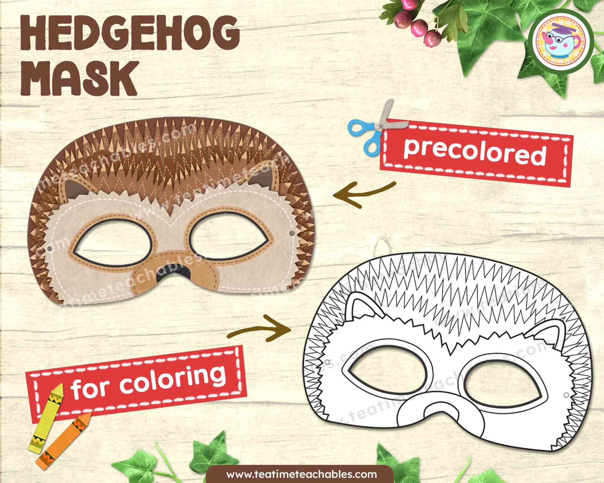 HEDGEHOG Mask: Precolored and For Coloring - Printable Mask for Kids - PDF | Forest Animal Mask | Woodland Animal Mask