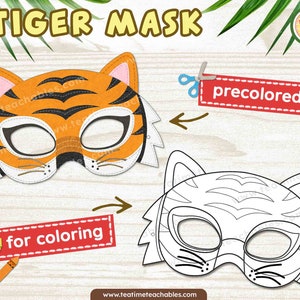 TIGER Mask: In Color and For Coloring - Printable Jungle Animals Mask for Kids - PDF | Jungle Animals Craft | Jungle Animals Costume