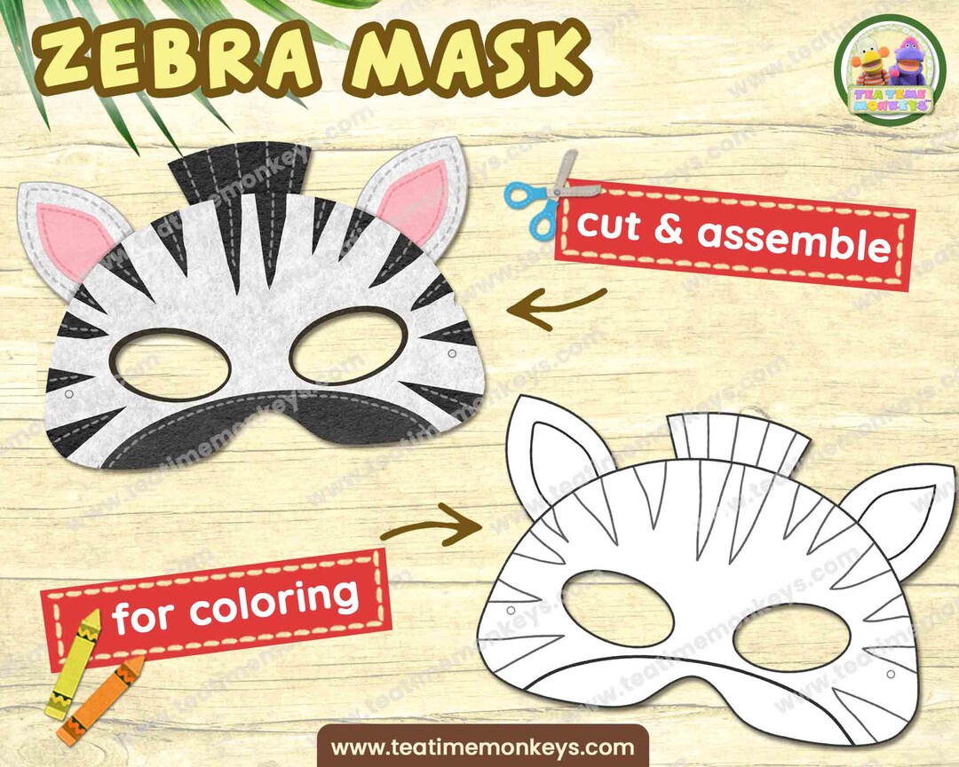 ZEBRA Mask: in Color and for Coloring Printable Jungle Animals Mask for Kids PDF Jungle Animals ...