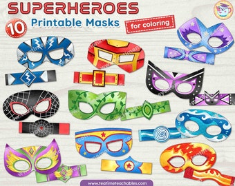 Superhero Masks & Wristbands: 10 Printable Precolored Costume Masks for Kids (PDF)