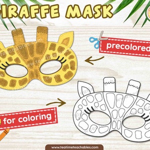 GIRAFFE Mask: Precolored and For Coloring- Printable Jungle Animals Mask for Kids - PDF | Jungle Animals Craft | Jungle Animals Costume
