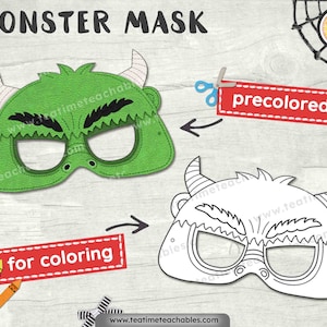 MONSTER Mask: Precolored and For Coloring - Printable Halloween Mask for Kids - PDF - Halloween Craft - Halloween Costume for Kids