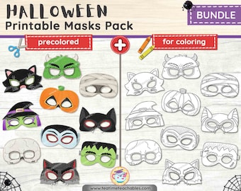 May include: A Halloween Printable Masks Pack featuring precolored and for coloring mask designs. The precolored masks include a black cat, green monster, mummy, pumpkin, witch, bat, vampire, skull, wolf, and Frankenstein. The for coloring masks include the same designs.