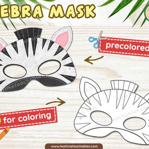 ZEBRA Mask: Precolored and For Coloring - Printable Jungle Animals Mask for Kids - PDF | Jungle Animals Craft | Jungle Animals Costume