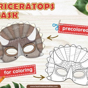 Printable Triceratops Dinosaur Mask: Precolored & Coloring Activity (PDF)
