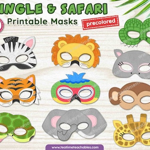 Puede incluir: Conjunto de 10 máscaras de animales imprimibles precoloreadas para niños. Las máscaras presentan una cebra, un león, un tigre, un loro, un mono, un elefante, una jirafa, una tortuga y un cocodrilo. Estas máscaras son perfectas para una fiesta con temática de selva o safari.