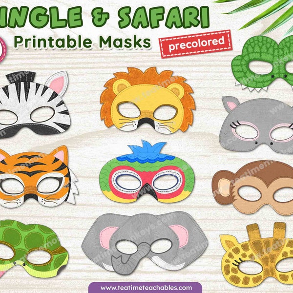 Masques ANIMAUX DE LA JUNGLE - Dix masques imprimables | Précoloré | PDF | Animaux de safari | Déguisements et déguisements