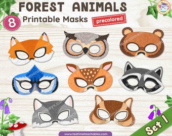 Precolored Forest Animal Masks: Printable Costume Masks for Kids (PDF) - Set 1