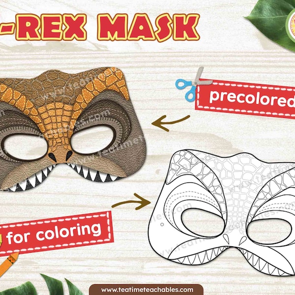 T-REX Dinosaur Mask: Precolored and For Coloring - Printable Dinosaur Mask for Kids - PDF - Dinosaur Craft - Dinosaur Costume for Kids