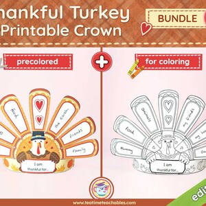 Dankbare Turkse Kroon BUNDEL | Voorgekleurd en om in te kleuren | PDF | Afdrukbare Thanksgiving Craft voor kinderen | Kalkoenambachten