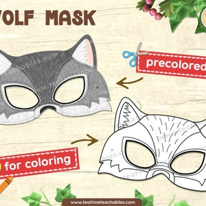Maske WOLF: Eingefärbt und zum Ausmalen - Printable Maske für Kinder - PDF | Waldtier Maske | Waldtier Maske
