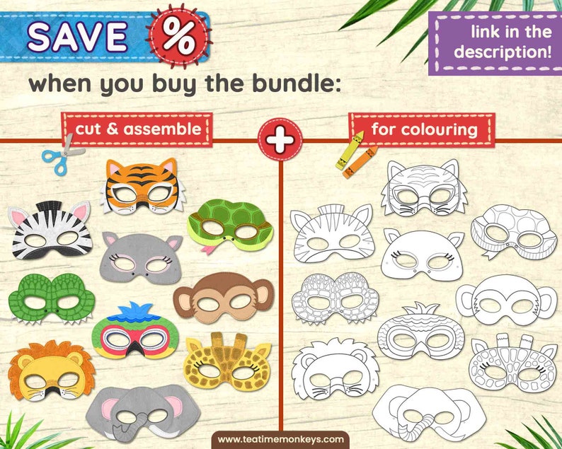 JUNGLE ANIMALS Masks for Kids Ten Printable Masks to Color - Etsy