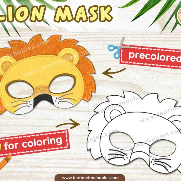 LION Mask: In Color and For Coloring - Printable Jungle Animals Mask for Kids - PDF | Jungle Animals Craft | Jungle Animals Costume