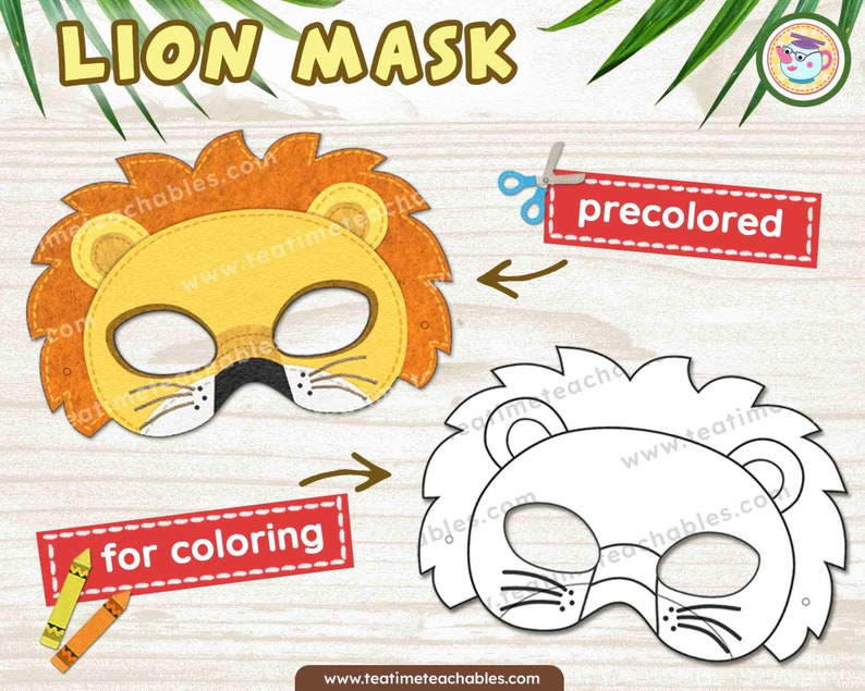 LION Mask: in Color and for Coloring - Printable Jungle Animals Mask ...