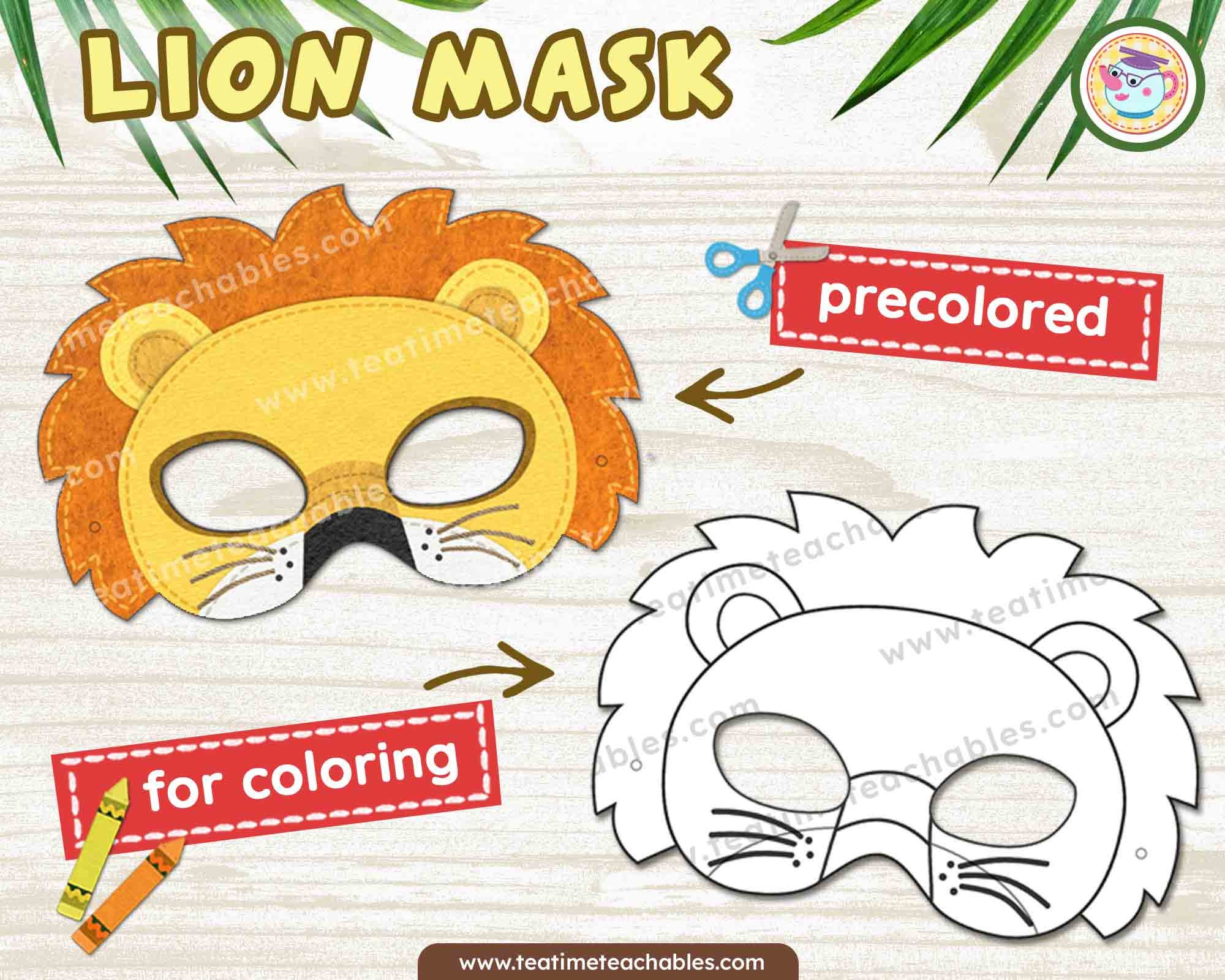LION Mask: in Color and for Coloring - Printable Jungle Animals Mask ...