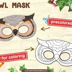 Eulen Maske: In Farbe und zum Ausmalen - Printable Maske für Kinder - PDF | Waldtier Maske | Waldtier Maske