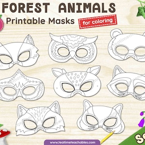 Máscaras de ANIMALES DEL BOSQUE Set 1 - OCHO Máscaras imprimibles para colorear / Manualidad de animales del bosque / Manualidad de animales del bosque