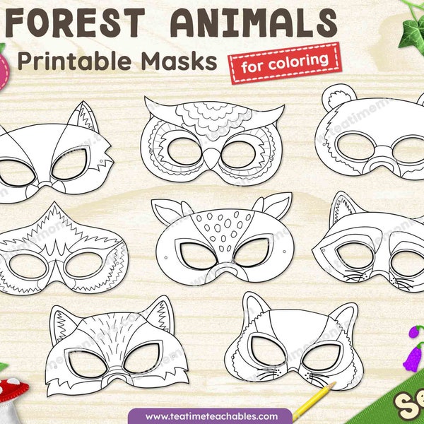 FOREST ANIMALS Masks Set 1 - EIGHT Printable Masks for Coloring | Forest Animal Craft | Woodland Animal Craft