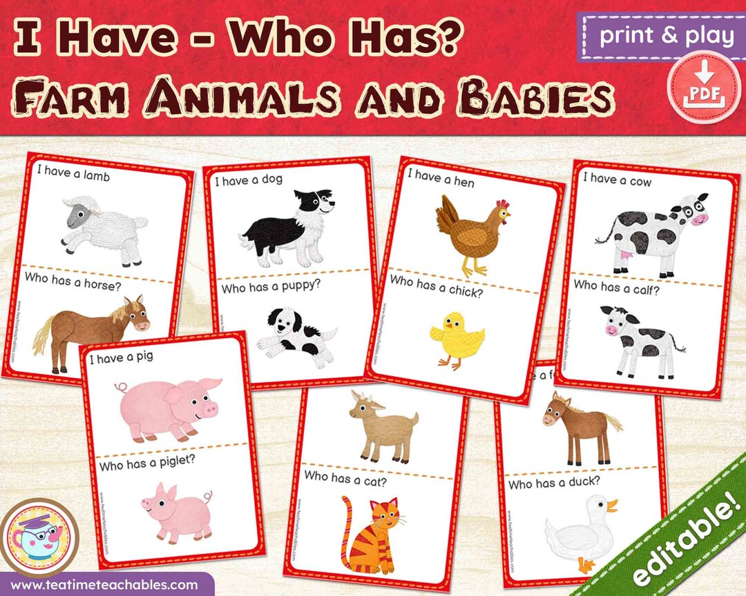 I Have – Who Has Game | Farm Animals and Babies - EDITABLE | Printable ...