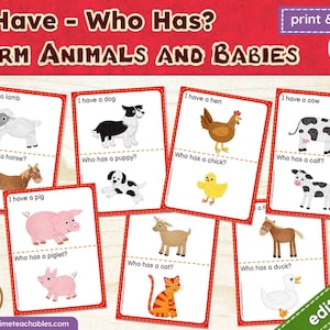 Juego Yo Tengo – Quién Tiene / Animales de Granja y Bebés - EDITABLE / Juego Imprimible / PDF