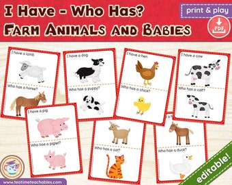 Juego Yo Tengo – Quién Tiene / Animales de Granja y Bebés - EDITABLE / Juego Imprimible / PDF
