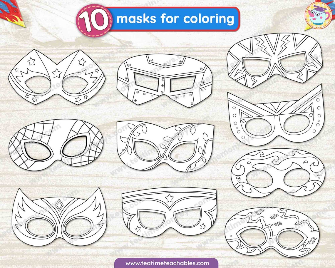 SUPERHEROES Masks for Kids TEN Printable Masks and Wristbands to Color PDF Superhero Costume for ...